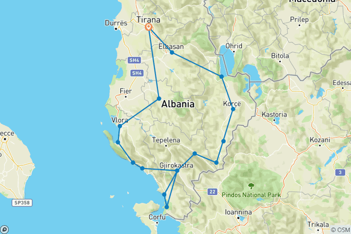 Carte du circuit Sud de l'Albanie en autotour - 08 jours
