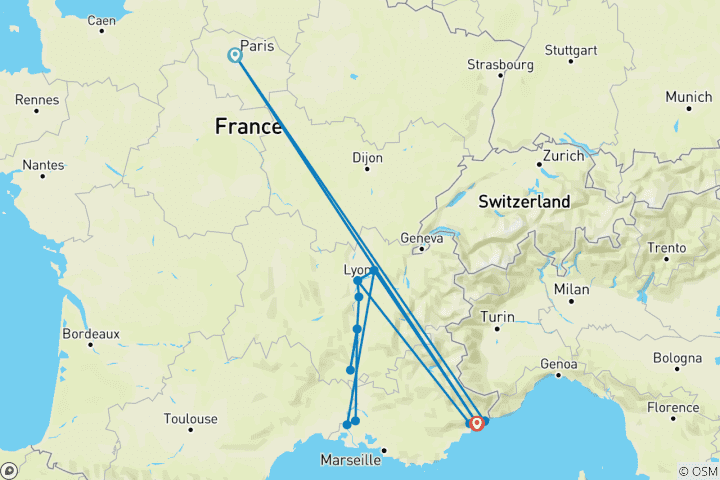 Karte von Nizza nach Paris & Sensationen in Lyon und der Provence - 13 Tage