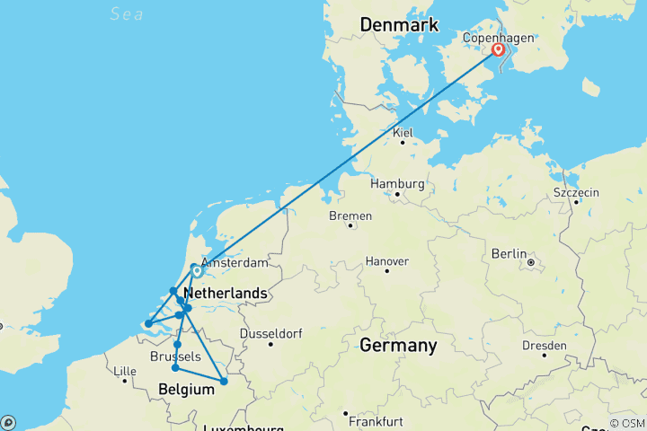 Carte du circuit Voies navigables des Pays-Bas et de la Belgique & Copenhague 2027 - 14 jours (from Amsterdam to Copenhague)