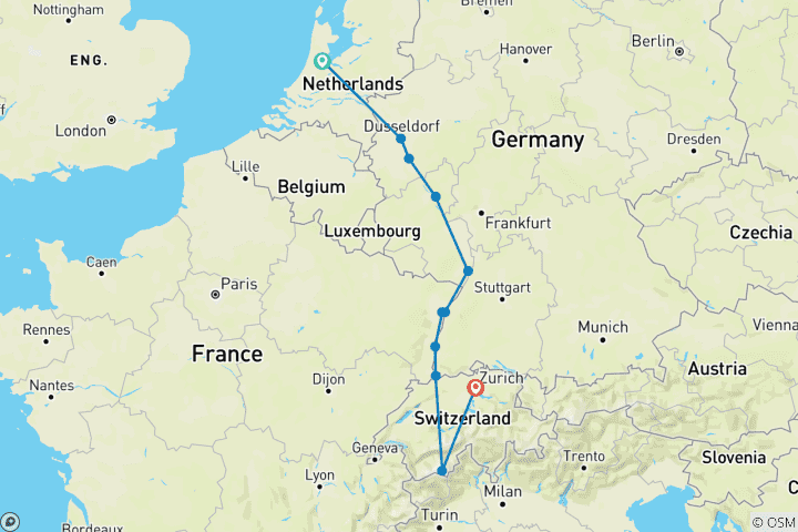 Carte du circuit Amsterdam avec les joyaux du Rhin et le Glacier Express