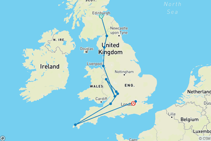 Carte du circuit Côtes et campagnes d'Angleterre avec le Royal Edinburgh Military Tattoo, Liverpool et Londres (d'Édimbourg à Londres) (from Édimbourg to Hampton)