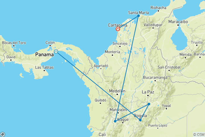 Karte von Panama & Kolumbien Rundreise - 19 Tage Karibik, Kaffee & Kultur