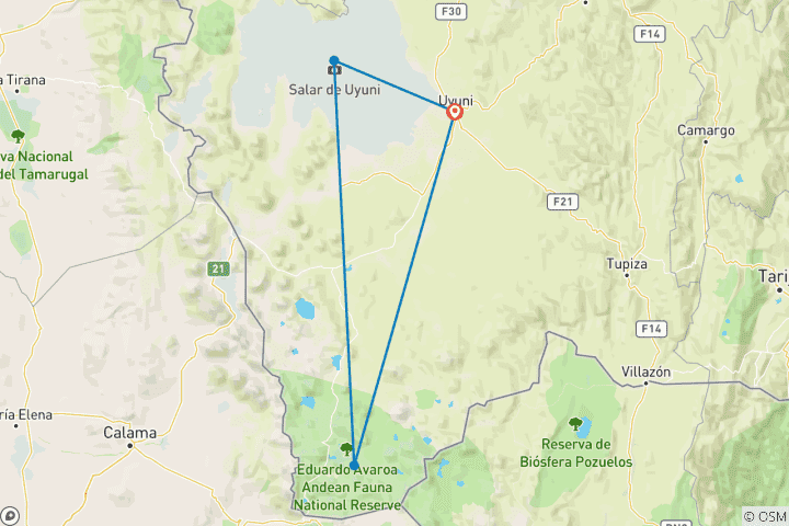 Carte du circuit Odyssée d'Uyuni : L'expérience du désert de sel en privé