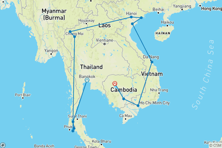 Carte du circuit Thaïlande, Vietnam et Cambodge