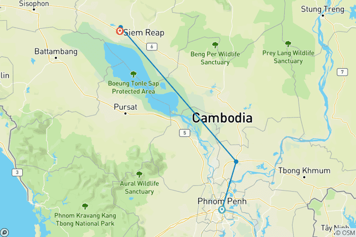 Kaart van Phnom Penh, Angkor & Siem Reap - 5 dagen