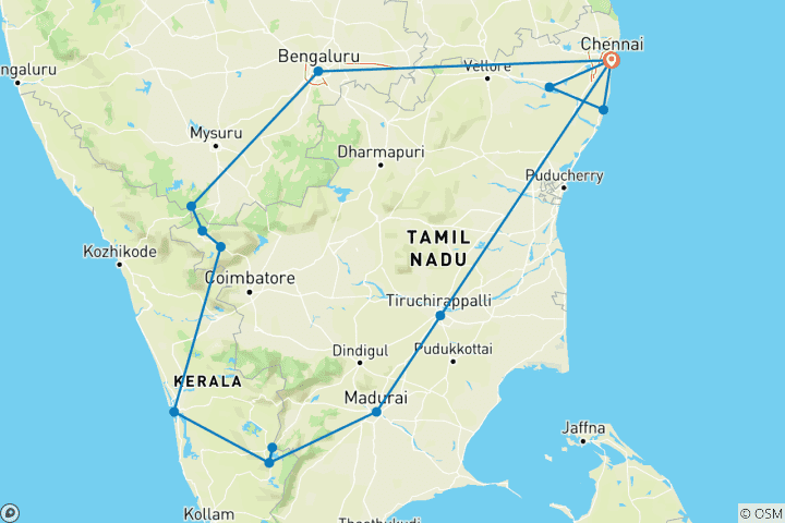Map of South India Unveiled: A 15-Day Heritage and Wildlife Tour from Chennai( ALL INCLUSIVE)