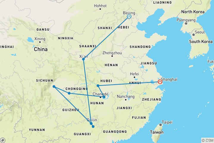 Karte von China Entdeckung & Jangtsekreuzfahrt - 15 Tage