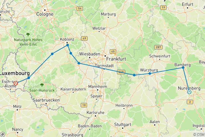 Carte du circuit Rivières et châteaux d'Europe 2027