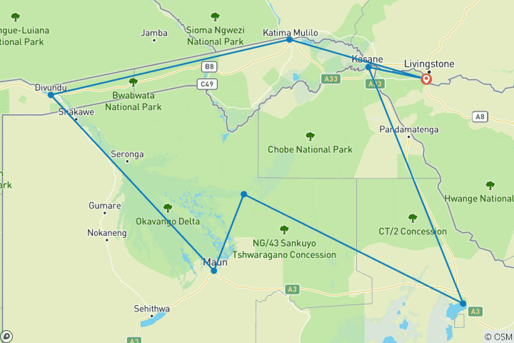 Map of Discover Kavango Zambezi 2026 - Comfort Small Group