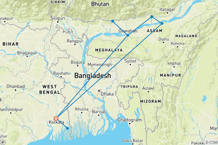 Carte du circuit Odyssée des tigres et des rhinocéros : Une aventure complète de 14 jours (TOUT COMPRIS)