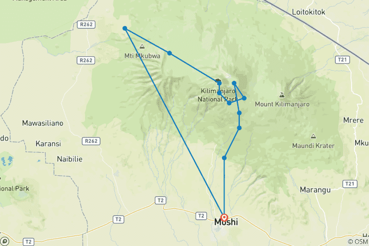 Kaart van 7-daagse Shira Route Kilimanjaro beklimming
