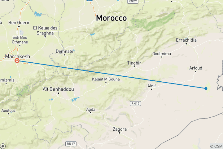 Kaart van 2 Dagen Erg Chebbi Belevenis Tour Helikopter