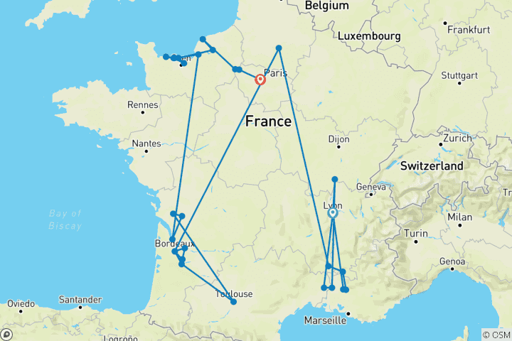 Map of Spectacular South of France, Beautiful Bordeaux & Gems of the Seine