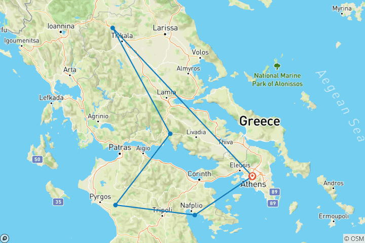 Carte du circuit Odyssée classique de la Grèce : 5 jours de mythes, Météores et joyaux cachés