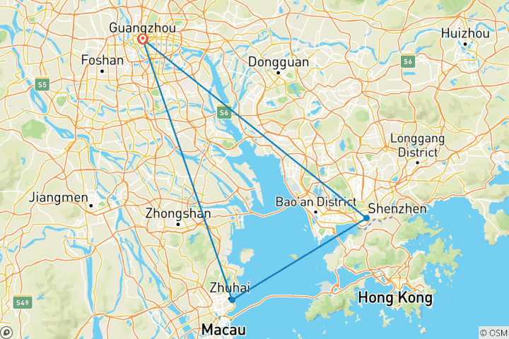 Kaart van 7-daagse Parelrivierdelta hoogtepunten tour: Guangzhou-Zhuhai-Shenzhen
