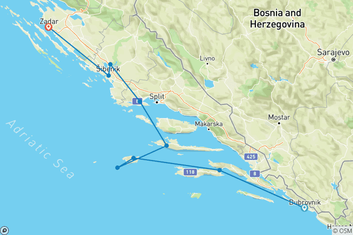 Carte du circuit La Dalmatie intemporelle au départ de Dubrovnik