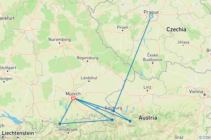 Carte du circuit Prague, Salzbourg et Munich en 8 jours