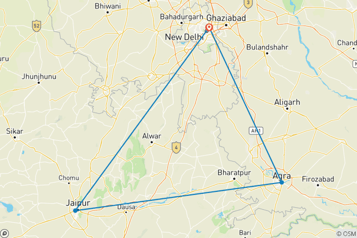 Kaart van 5 Dagen Privé Gouden Driehoek India rondreis met de auto vanuit New Delhi