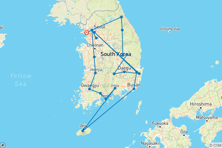 Kaart van Zuid-Korea: Seoul, Jeju eiland, Jinju, Gonju, Geonju, Yongin, Busan, Gyeongju, Daegu, Andong, Pyeongchang, Mont Seorak, DMZ - 13 dagen