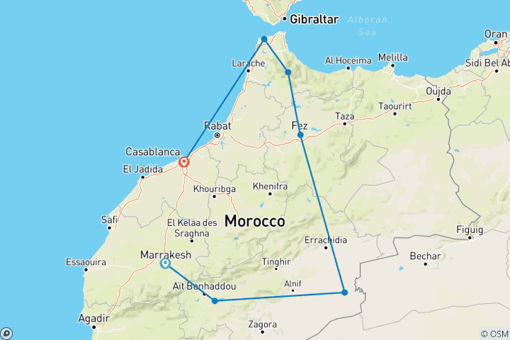 Kaart van 9 Daagse Tour van Marrakech naar Casablanca