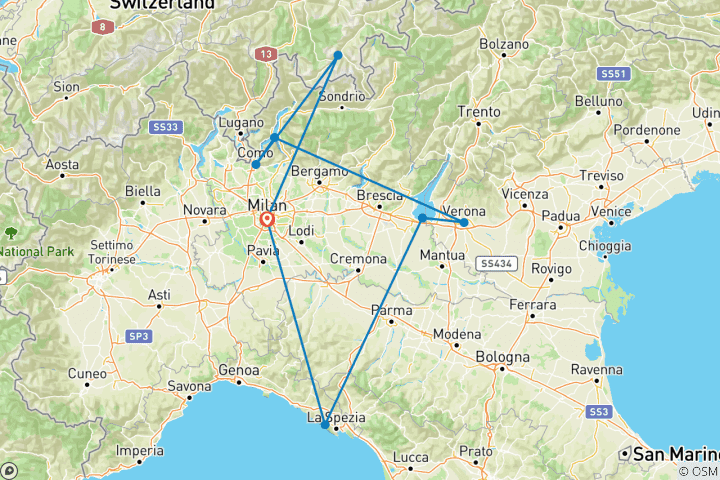 Carte du circuit Moritz, lac de Côme, Bellagio, Vérone, Sirmione et Cinque Terre - 6 jours