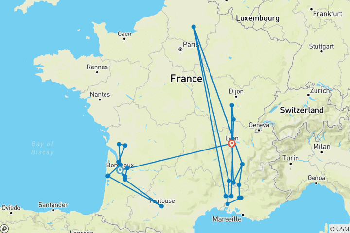 Carte du circuit Iconic France 2026|2027 - 21 jours (from Bordeaux to Lyon)