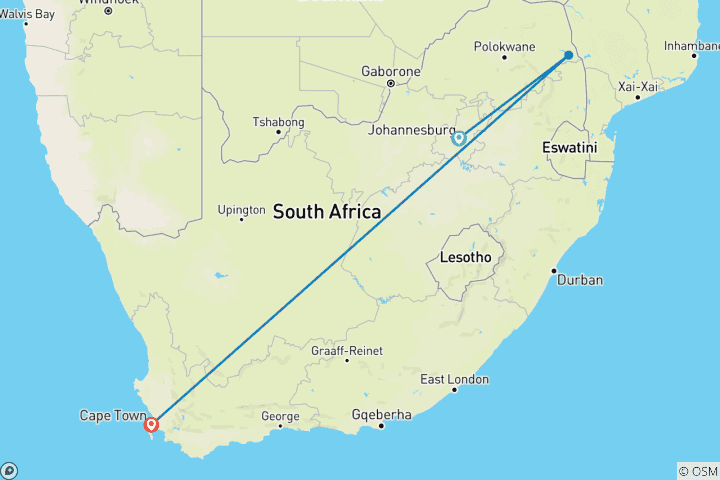 Mapa de 8 Días | Safaris por el Parque Nacional Kruger y Aventura en Ciudad del Cabo