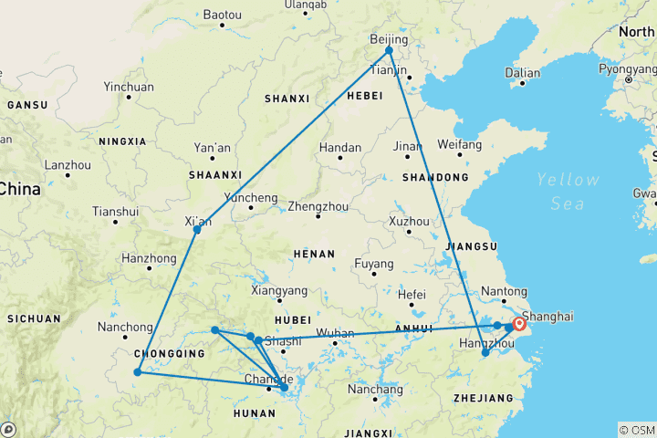 Karte von Private Reise:15 Tage China Highlight-Shanghai, Peking, Xi'an, Yangtze Flusskreuzfahrt