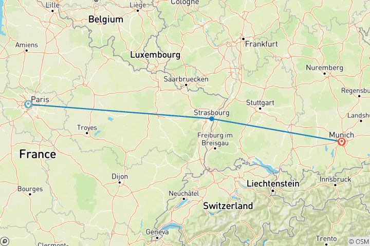 Carte du circuit Paris, Strasbourg et Munich en une semaine