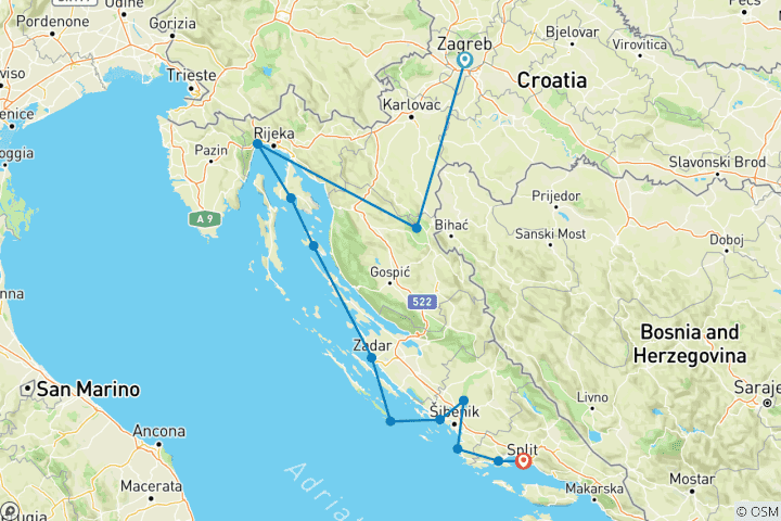 Map of ADRIATIC MOSAIC Zagreb - Split