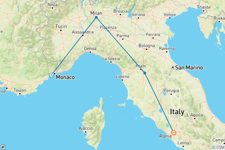 Carte du circuit 9 jours extraordinaires à Nice, Milan, Florence et Rome