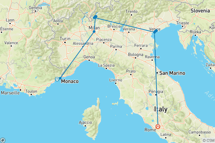 Karte von Abenteuerliche 9 Tage in Nizza, Mailand, Venedig und Rom