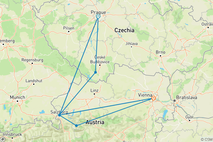Carte du circuit Europe de l'Est (Prague, Cesky, Salzbourg et Vienne)