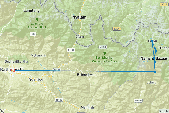 Mapa de 7 Noches 8 Días Senderismo Lago Gokyo 2025/2026