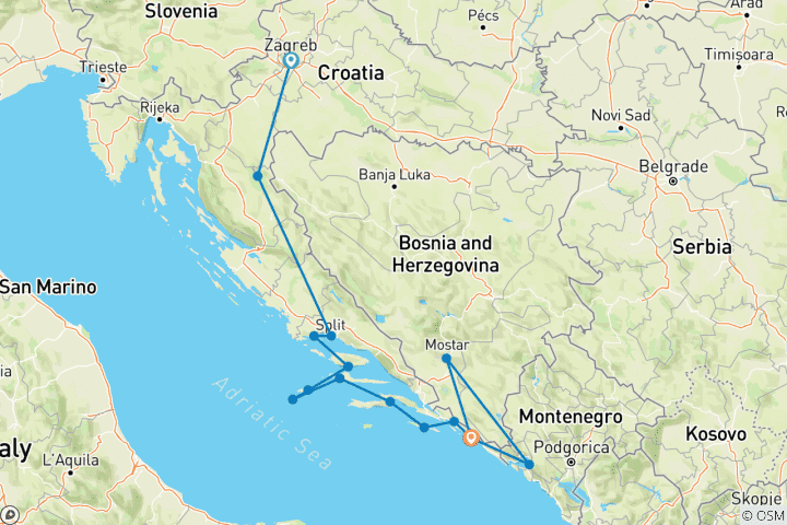 Kaart van Parels van de Adriatische Zee - Zg-Tr-Du-Mostar-Kotor-Dubrovnik