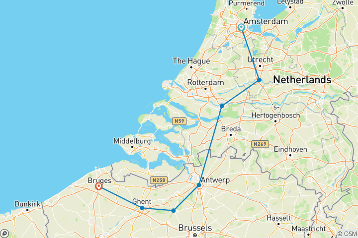 Map of De Holland - Amsterdam - Brugge