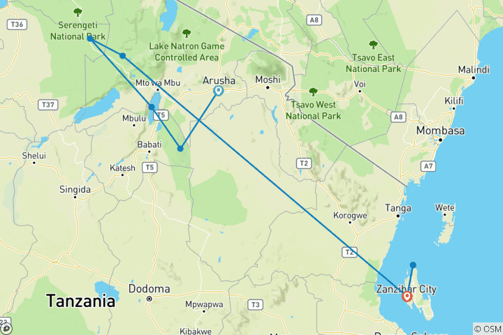 Carte du circuit Lune de miel de 12 jours Premium Safari et plage en formule tout compris