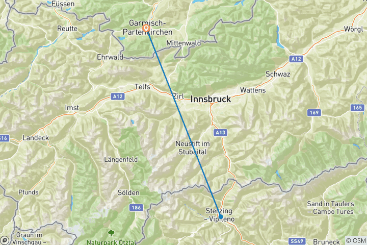 Karte von Auf dem direkten Weg von Garmisch nach Sterzing mit Gepäcktransfer