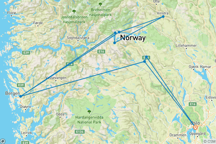 Mapa de En bicicleta por Mjølkevegen, cerca de Jotunheimen (8 días)