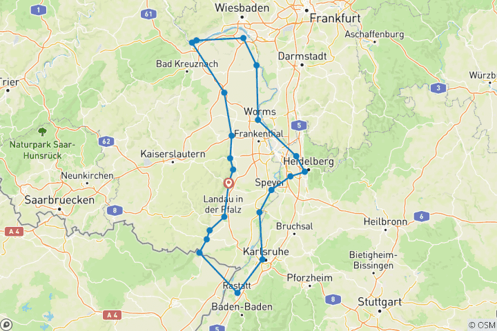 Karte von Pfälzer Radrundfahrt - Durch Weinreben und die Rheinebene - Sportlich (8 Tage)