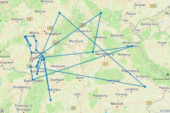 Karte von Pfälzer Radrundfahrt - Durch Weinreben und die Rheinebene – SPORTLICH (8 Tage)