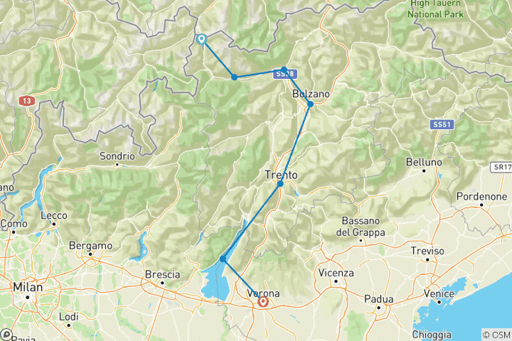 Map of Adige Cycle Path: Lake Reschen - Verona with Charm 8 Days