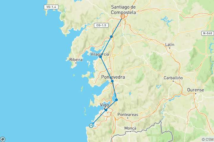 Karte von Spirituelle Variante des portugiesischen Jakobswegs von Baiona nach Santiago (9 Tage)