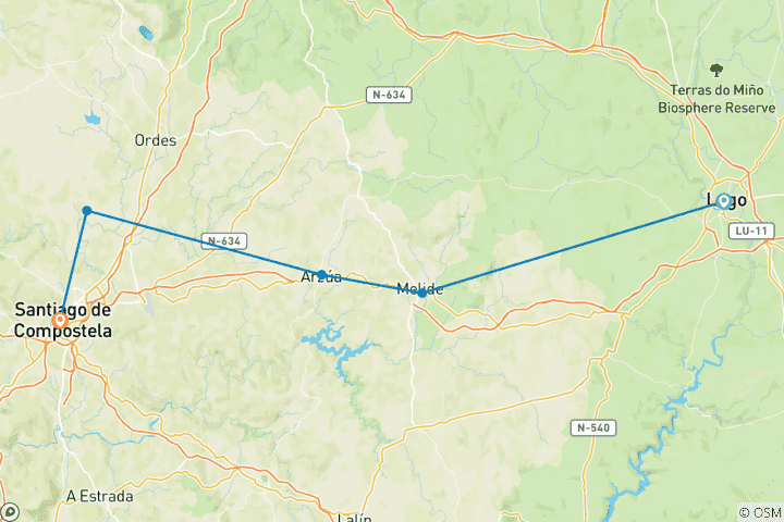Karte von Jakobsweg Camino Primitivo – Der ursprüngliche Jakobsweg von Lugo nach Santiago (7 Tage)