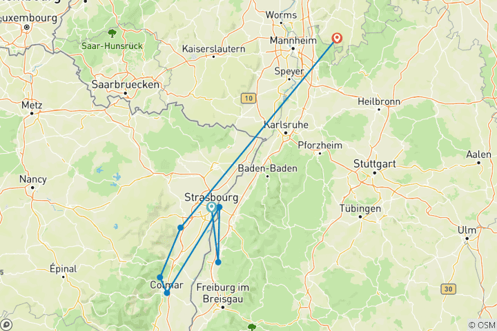 Carte du circuit Alsace centrale - Rhin allemand et vin d'Alsace (8 jours)