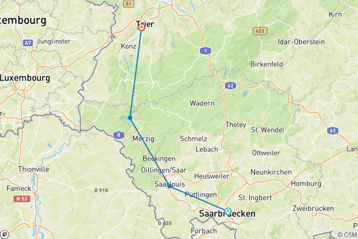 Carte du circuit Sarre : Sarrebruck - Trèves (5 jours)