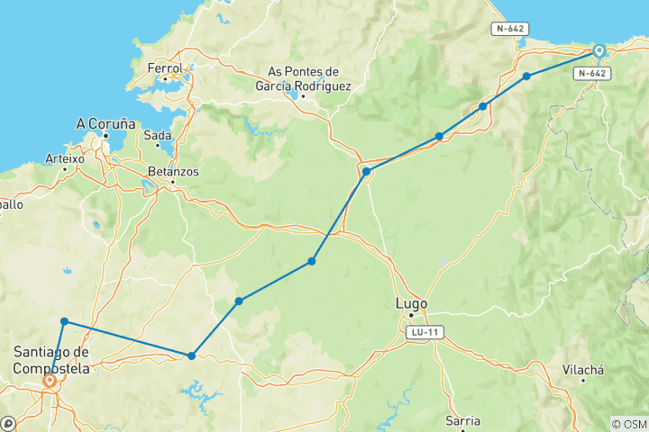 Karte von Nördlicher Jakobsweg von Ribadeo nach Santiago de Compostela (12 Tage)