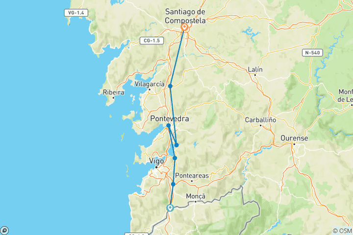 Karte von Portugiesischer Jakobsweg von Tui nach Santiago (8 Tage)