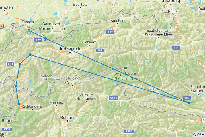 Karte von Alpenüberquerung Via Claudia - Füssen nach Meran individuell (7 Tage)