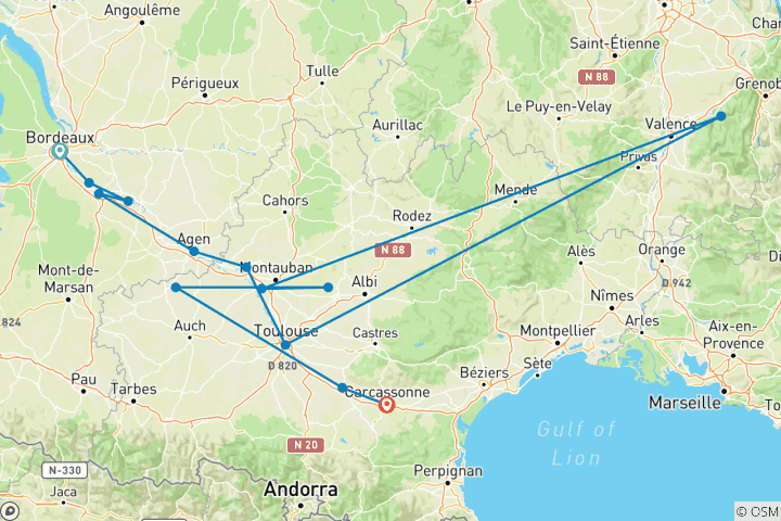 Carte du circuit Canal des Deux Mers - de Bordeaux à Carcassonne (9 jours)